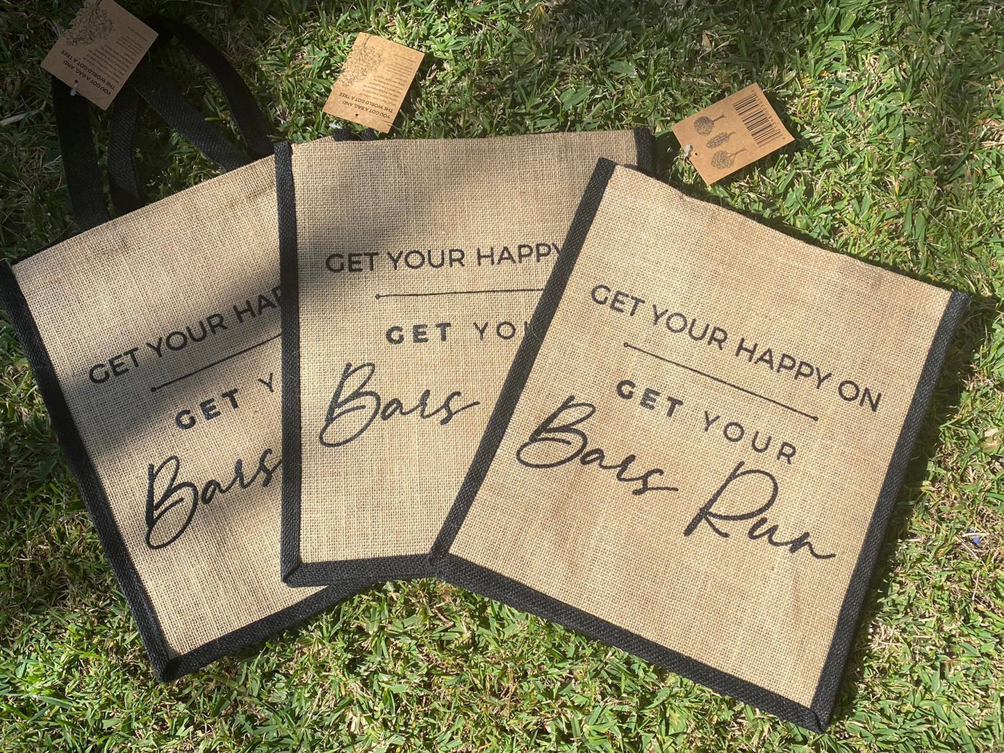 Get Your Happy On & Get Your Bars Run Natural Jute Bag